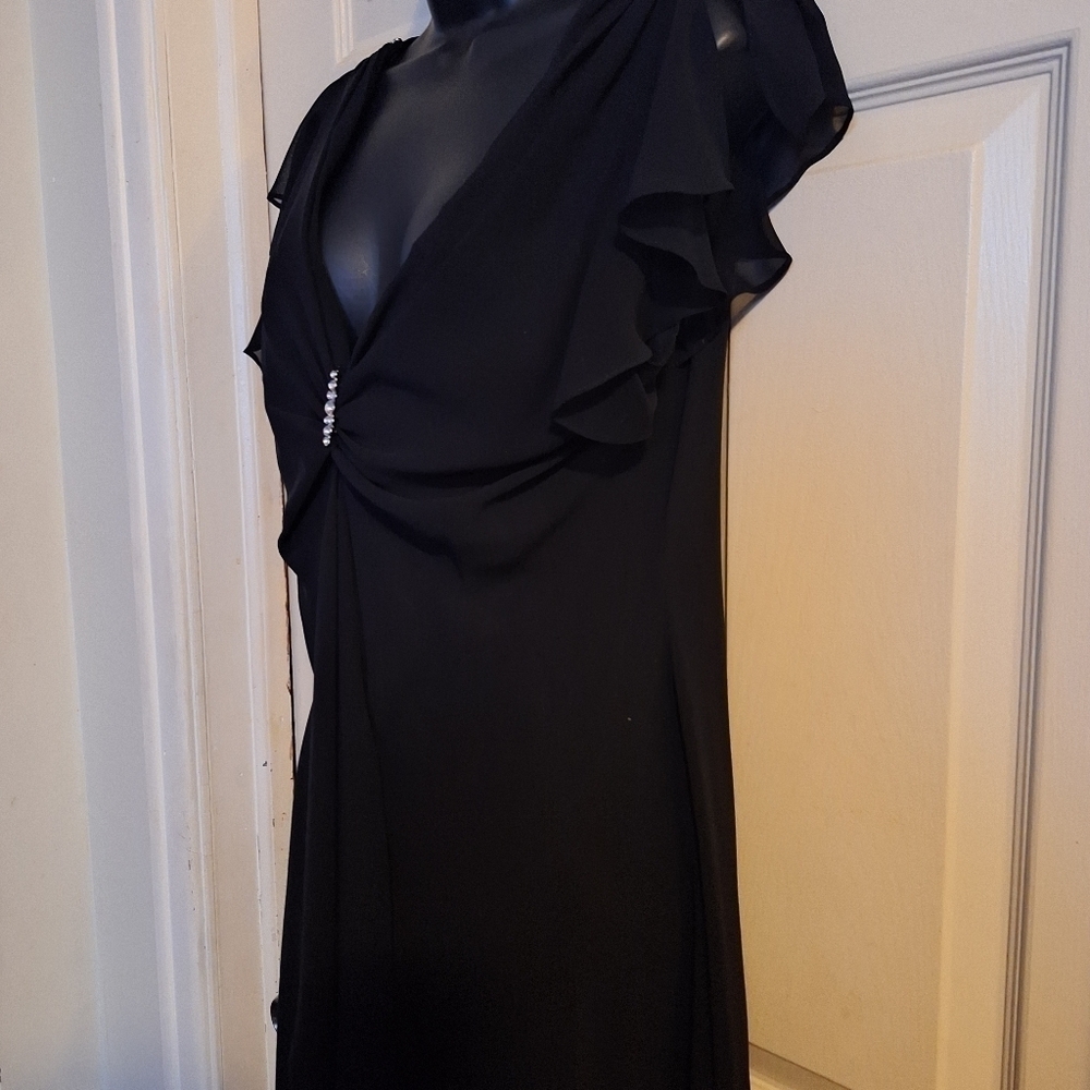 Black V-Neck Ruffle Maxi Dress with Rhinestone Detail - Picture 6 of 8